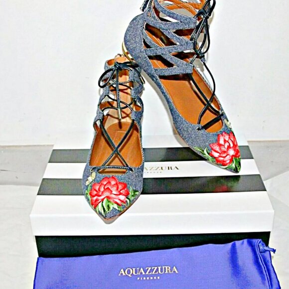 Aquazzura AUTHENTIC Belgravia Lotus lace-up denim point-toe flats US 7 /37 $795